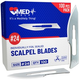 MedHelp Pack of 100 Disposable Scalpel Blades #24, Size 24 Surgical Blades, High Carbon Steel Dermaplane Blade Tool. Individually Wrapped #24 Scaple Blade, Sterile