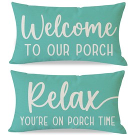PANDICORN Decorative Throw Pillow Covers 12x20 Inch Set of 2 Welcome to Our Porch Relax on Porch Time Turquoise Outdoor Spring Summer Beach Decorations Lumbar Cushion Cases for Sofa Couch Patio Decor