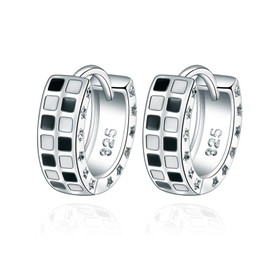 BG&WLing Black White Checkered Hoop Earrings 925 Sterling Silver Small Huggie Hoops Hypoallergenic Dainty Jewelry for Women (Hoop)