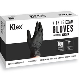 Klex Nitrile Exam Gloves - Medical Grade, Powder Free, Rubber Latex Free, Disposable Examination Grade Glove, Food Safe, Black, Extra Large, 100 Count