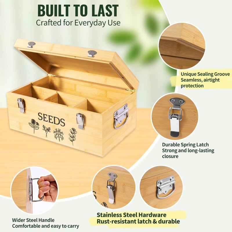 Intarsio Large Bamboo Wood Seed Storage Organizer Box with Lid,Double-Layer