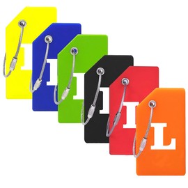6 Pack Colorful Unique Silicone Initial Luggage Tags Identifiers for suitcases with Labels Durable Steel Loop Baggage Handbag（L）