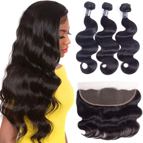 Amella Hair 8A Brazilian Virgin Body Wave 3 Bundles with Frontal Ear to Ear Lace Frontal Closure with Bundles (20 22 24+18inch Frontal)100% Unprocessed Brazilian Remy Human Hair Natural Black Color