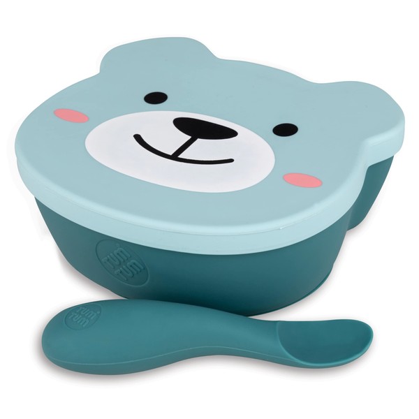 TUM TUM Baby & Toddler Stay Put Suction Bowl with Lid & Spoon - Baby Led Weaning Bowl - Dishwasher Steriliser & Freezer Friendly - 6m+ - Boris Bear - Blue