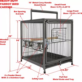 Mcage Heavy Duty Portable Travel Bird Parrot Carrier Cage Play Stand Feeding Bowls
