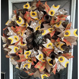Beautiful Fall Thanksgiving Sunflower & Cotton Deco Mesh Front Door Wreath, Door Hanger, Country Home, Farmhouse Decoration, Porch Sign