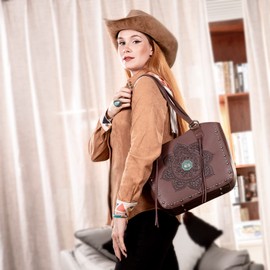 Montana West Western Tooled Tote Bag for Women Mandala Pattern Shoulder Bag Top Handle Handbag Studded Tooled Leather Purse with Wallet Set MWC-144W-CF