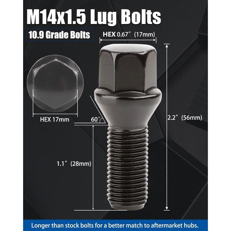 GAsupply 14x1.5 28mm Shank Lug Bolts, 20pcs Black Conical Seat
