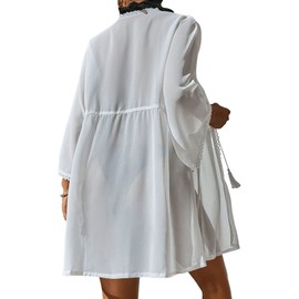 GORGLITTER Women's Kimono Beach Cardigan Beach Dress Loose Short Boho Bikini Cover Up Oversized Fashion Lightweight Beachwear Beach Poncho with Lace, White