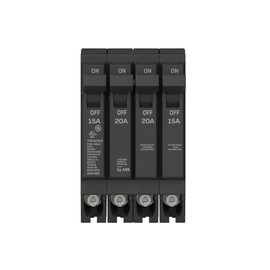 ABB Q-Line® THQLQ152015 Quad Circuit Breaker • 15A/1P, 20A/2P, & 15A/1P Configuration • 120/240 VAC, 10 kAIC • Thermal Magnetic Trip • Space-Saving Plug-in Mount Type