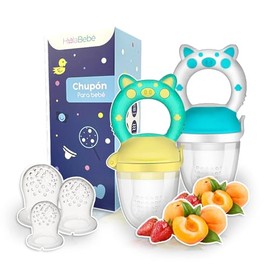 Set de 2 chupones para frutas y papillas, alimentador para bebé 4m+ con mamilas de repuesto libre de BPA, incluye 4 piezas y caja de regalo (pig blanco azul - pig verde amarillo)