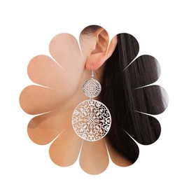 Aneneiceera Boho Filigree Hollow Disc Dangle Drop Earrings Boho Silver Ethnic Carved Flower Disc Statement Earrings Wedding Bridesmaid Jewellery for Women and Girls (Silver)