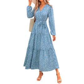 PRETTYGARDEN Womens Spring Long Sleeve Wrap V Neck Ruffle Floral Maxi Dress Casual Tie Waist Boho Chiffon Flowy Long Dresses(Dot Blue White,XX-Large)