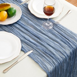 Fantastshop Dusty Blue Table Runner Cheesecloth 1 Pack 10FT Boho Gauze Table Runner 35x120 Inch Rustic Cheese Cloth for Wedding Valentines Party Romantic Table Decoration.