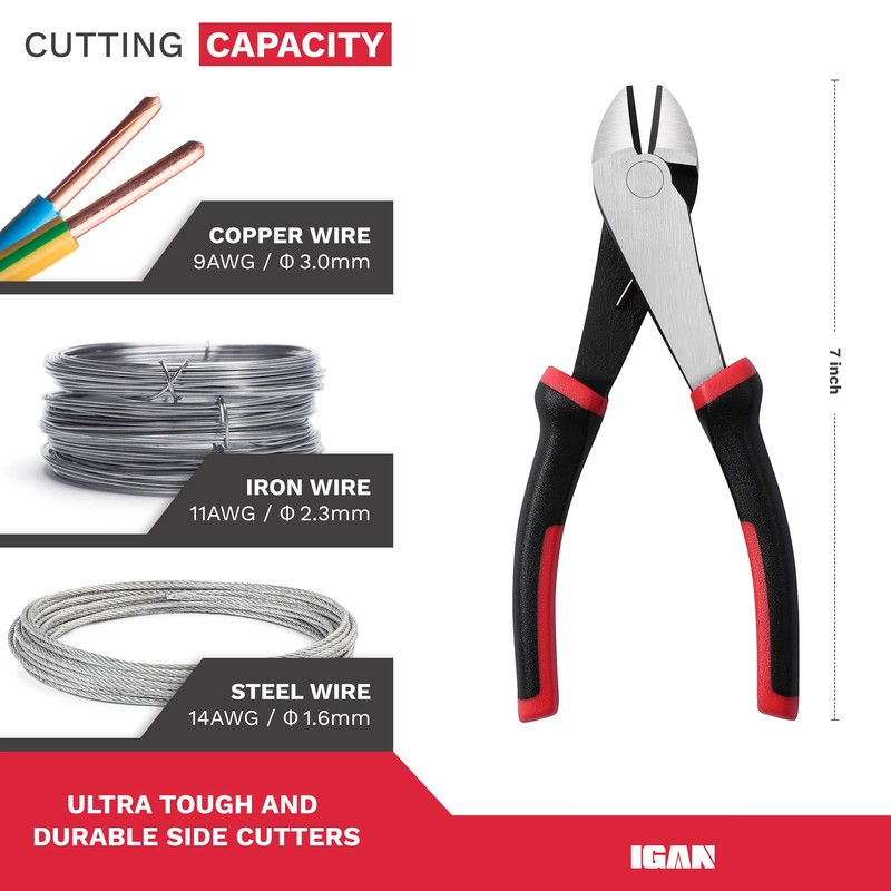 IGAN 7-inch Wire Cutters, Spring-loaded Side Cutters Dikes, Ultra Tough