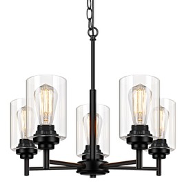 Sucolite 5-Light Chandelier for Dining Room Kitchen Island Modern Farmhouse Pendant Lighting with Clear Glass Shades Industrial Black Hanging Ceiling Light Fixture for Living Room, Height Adjustable