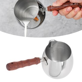 Portable Mini Milk Warmer Pot 304 Stainless Wooden Handle Pointed Spout, Stainless Steel Butter Warmer Pan for Home Outdoor Picnic Cooking Pouring (300ML)