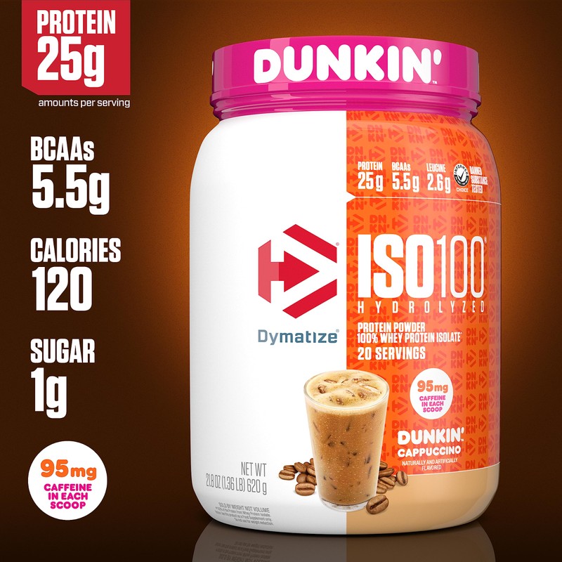 Dymatize x Dunkin' Cappuccino ISO100 Whey Protein Powder, 95mg Caffeine,