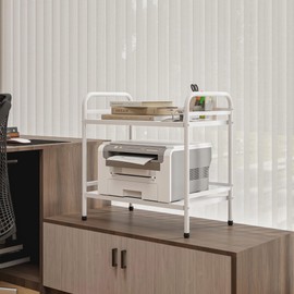 HDANI 2 Tier Under Desk Printer Stand with Storage,Microwave Storage Rack,Metal Rolling Printer Cart with Wheels for Home Office,Utility Storage Cart and Stand,White