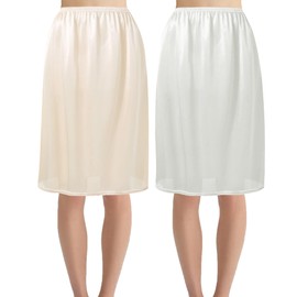 Hanpceirs 60 cm Pack of 2 Women's Petticoat Underskirts for Women Half Briefs for Under Dresses Satin Skirt Extenders, White and beige