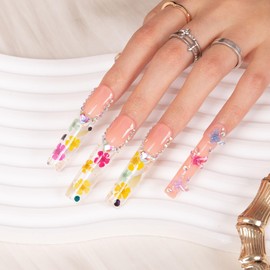 LOVFUL Uñas Postizas Flora | Hechas A Mano Con Cristales Recubiertos | Uñas Reutilizables De Cobertura Total | Cuadradas De 5,6 Cm De Largo | H176-L