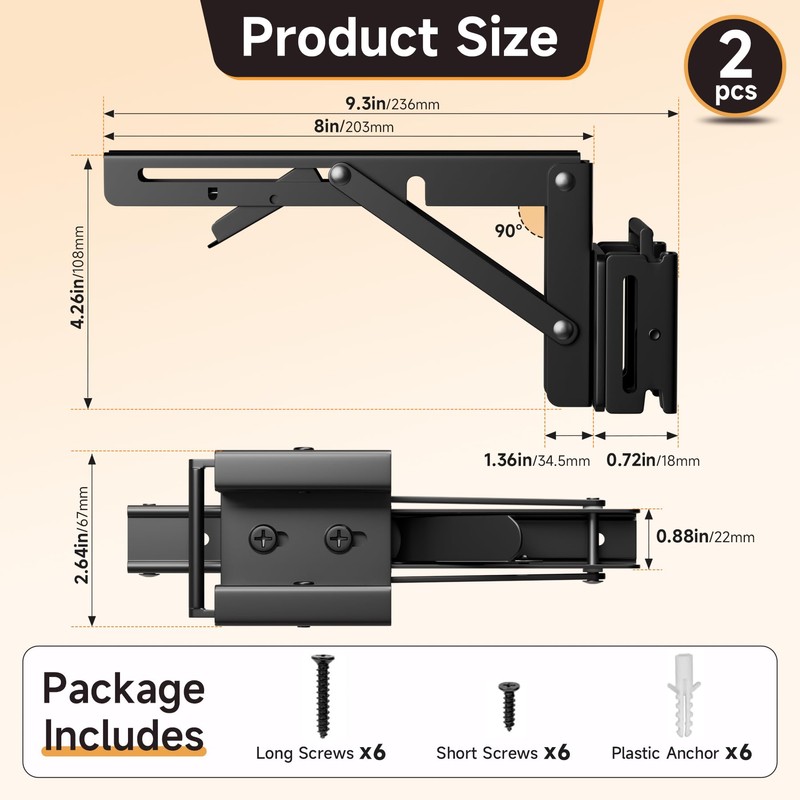 2 Pack E Track Folding Shelf Brackets - 8 Inches
