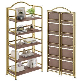 No-Assembly Gold Folding Bookshelf Storage Shelves 5 Tiers Vintage Multifunctional Plant Flower Stand Storage Rack Shelves Bookcase for Home Office