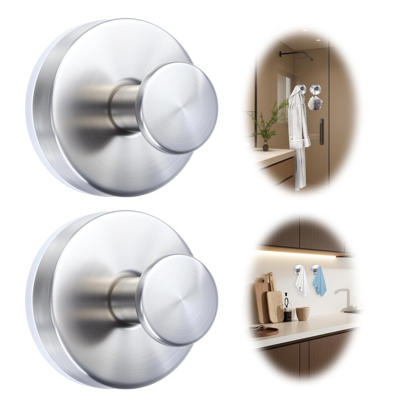 WellMade 2 Pack Brushed Stainless Steel Suction Cup Hooks for