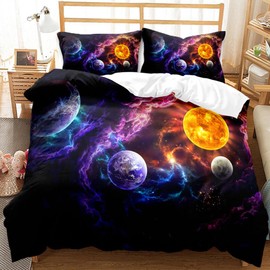 CIUNVXD Children's Space Themed Bedding Set, Planet Bed Linen, 135 x 200, 3D Space Starry Sky Universe Children's Bed Linen, Planet, Night Sky, Universe Duvet Cover