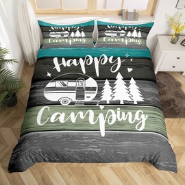 Castle Fairy Camper Travel Trailers Decorations,Pine Tree Drawing Design Duvet Cover for Kids Boys Girls Teens,Rustic Farmhouse Style Bedroom Decor All Season,Twin Comforter Cover,Grey Green Camping