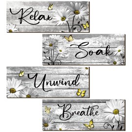 Sunnyray 4 Pcs Farmhouse Bathroom Wall Decor Sign Daisy Tulip Flowers and Butterfly Bathroom Wall Art Relax Soak Unwind Breathe Rustic Wood Plaque Bathroom Decor(9.8 x 4 inch,Gray)