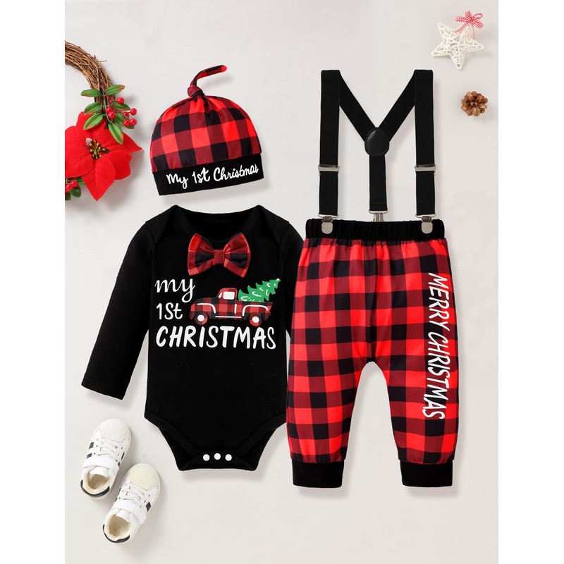Jrbybazy Baby'S First Christmas Outfit Gentleman Romper Red Plaid Suspender