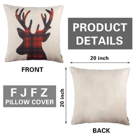Fjfz Christmas Reindeer Decorative Throw Pillow Cover 20x20, Xmas Red Black Buffalo Plaid Check Elk Home Farmhouse Decoration Winter Antlers Cotton Linen Cushion Case Decor for Sofa Couch