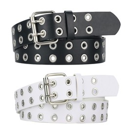 2 Pack Grommet Leather Belts for Women, Studded Belt Women Men - S Black&White