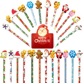 FANOST Pack of 24 Christmas Pens with Erasers and 1 Christmas Card for Children, Christmas HB Pencil Set and Funny Christmas Greeting Card, Christmas Gifts, Party Bags for Children