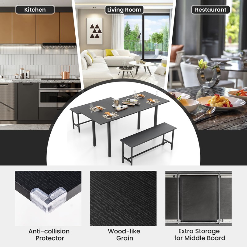 Giantex Dining Room Table Set for 4-6, 63” Extendable 3-Piece