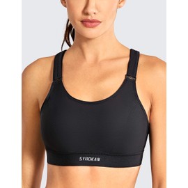 SYROKAN Front Adjustable Sports Bra Wireless High Impact Support Plus Size Padded Bra Black - A265A 38C