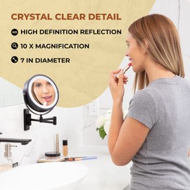 Wall Mounted Lighted Makeup Mirror - Swing Arm Vanity Mirror with Lights and 10X Magnification for Bathroom - Includes Rechargeable LED Cable and Instruction Manual