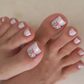 White Press on Toenails MABKJLF Short Fake Toe Nails Square False Toenails with Flower Designs Glossy Glue on Toe Nails Full Cover Spring Summer Acrylic Nails for Women Girls 24 Pcs