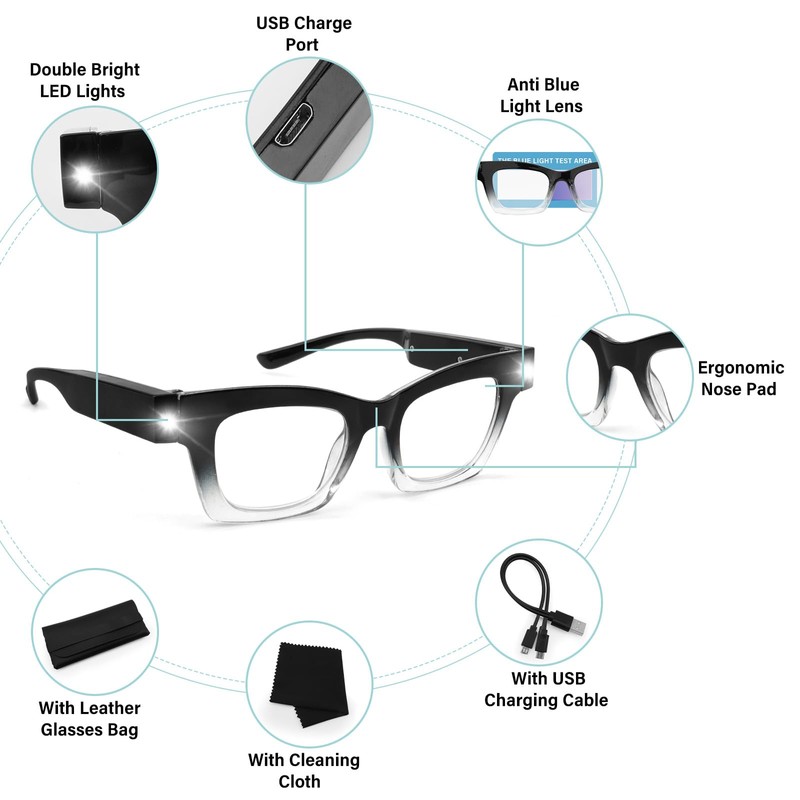 Reading Glasses with Lights USB Rechargeable Magnifying Glasses Lighted Readers