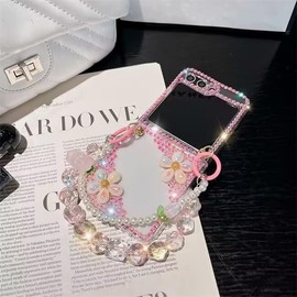 Szakdws Sparkle Case for Moto Razr 2024 with Chain,Women Girls Cute Bling Glitter Case Flower Pearl Diamond Crystal Rhinestone 3D Handmade with Bracelet Wristband Strap Keychain(Pink)