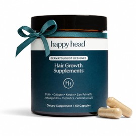 Suplemento Happy Head para el crecimiento del cabello para hombres y mujeres – Cabello más grueso y abundante con Saw Palmetto, Ashwagandha, Biotina, Colágeno, Queratina, Probióticos y Vitaminas A y D
