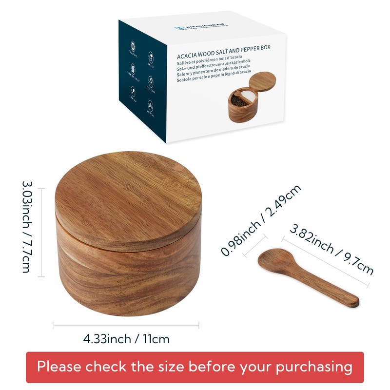 KITCHENDAO Acacia Wood Salt and Pepper Bowl Box, Built-in Spoon,