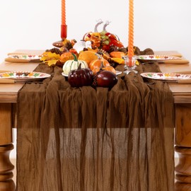 DeZerlor Brown Cheesecloth Table Runner Tan Christmas Table Runner Boho Gauze 120 Inches Marron Cheese Cloth Table Decor for Xmas Holiday Season Parties Wedding Bridal Baby Shower Tea Party