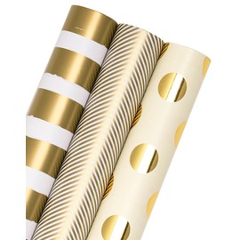 WRAPAHOLIC Wrapping Paper Roll - Mini Roll - 3 Rolls - 17 Inch X 120 Inch Per Roll - Gold Print for Birthday, Holiday, Wedding, Baby Shower Packing