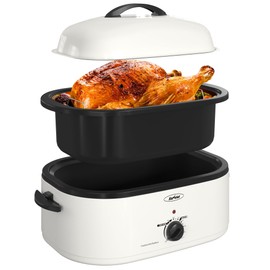 Royalcraft Roaster Oven with Self-Basting Lid, 18qt Electric Roaster with Removable Pan & Rack, Turkey Roaster Oven with Defrost & Warm Function, Stainless Steel, White