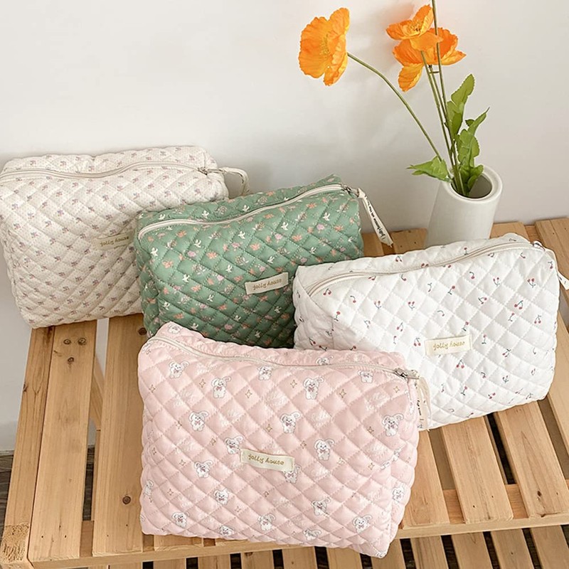 Cotton Makeup Bag Large Travel Cosmetic Bag Quilted Cosmetic Pouch