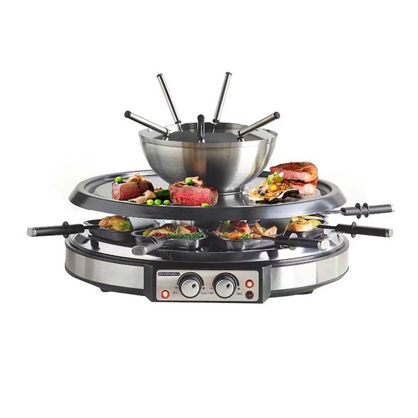 GIVENEU Electric Fondue Pot Sets with Barbecue Grill, 600ml Fondue Pot with 8 Forks and Electric Raclette, Dual Adjustable Thermostats, Perfect Fondue Grill Combo for Family Fun