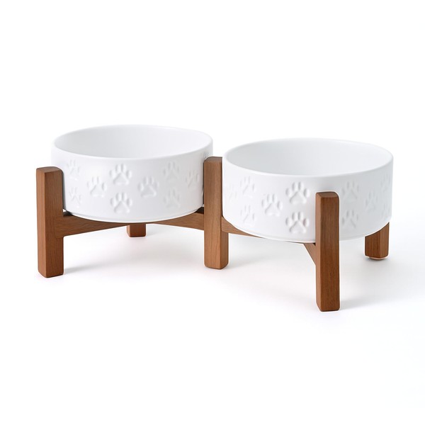 SPUNKYJUNKY Ceramic Elevated Dog Bowl Set with Acacia Wood Stand