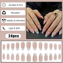 24Pcs Fake Nails - French Tip False Nails Almond Shape - Natural Nude Medium Length Glossy Press On Fake Fingers - DIY Removable Full Cover Nail Art - Perfect Nail Art for Women